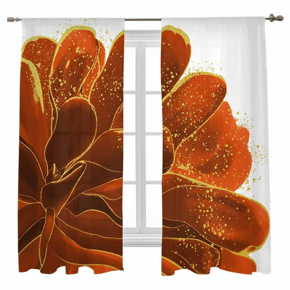 Sheer Curtains 72 inches Long, Orange Gold Flower Orange Gradient Vintage Abstract Line Light Filtering Sheer Window Curtains Rod Pocket Voile Drapes for Bedroom Living Room, 52"W x 72"L 2 Panels