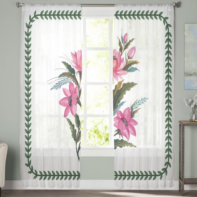 Sheer Curtains 72 inches Long, Pink Flower Pattern Floral Light