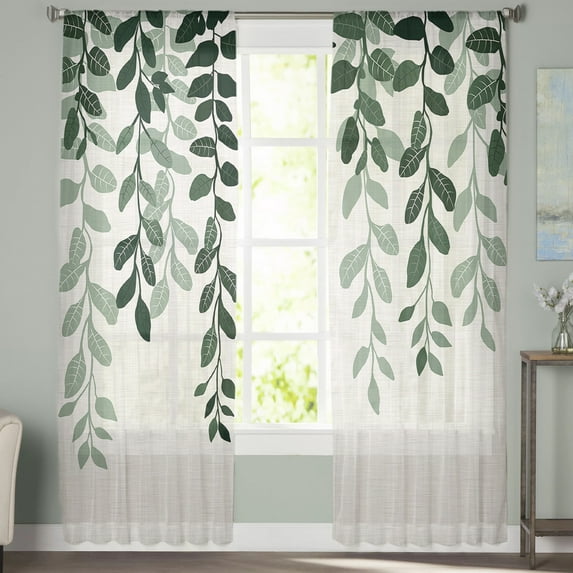 Sheer Curtains 72 inches Long, Plants Gradient Green Leaves Farmhouse Style Linen Texture Light Filtering Sheer Window Curtains Rod Pocket Voile Drapes for Bedroom Living Room, 52"W x 72"L 2 Panels