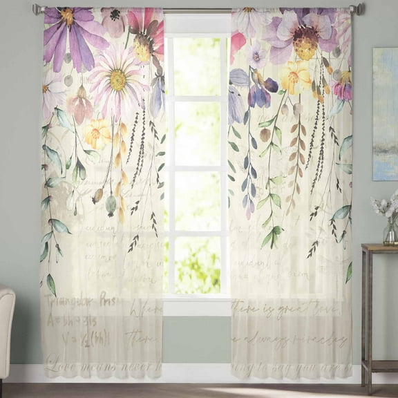Sheer Curtains 72 inches Long, Summer Wildflowers Leaves Retro Purple Floral Watercolor Light Filtering Sheer Window Curtains Rod Pocket Voile Drapes for Bedroom Living Room, 52"W x 72"L 2 Panels