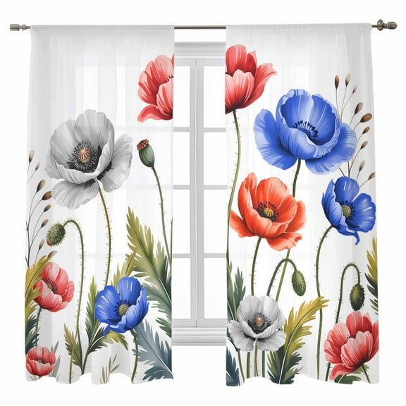 Sheer Curtains 72 inches Long, Watercolor Plant Red Blue Poppy Floral Decoration Light Filtering Sheer Window Curtains Rod Pocket Voile Drapes for Bedroom Living Room, 52"W x 72"L 2 Panels