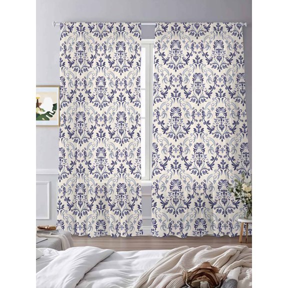 Sheer Curtains 84 Inches Long 2 Panels, Abstract Baroque Flower Pattern Rod Pocket Curtain Voile Draperies, Rural Ethnic Floral Light Filtering Window Treatment for Living Room Kitchen Bedroom