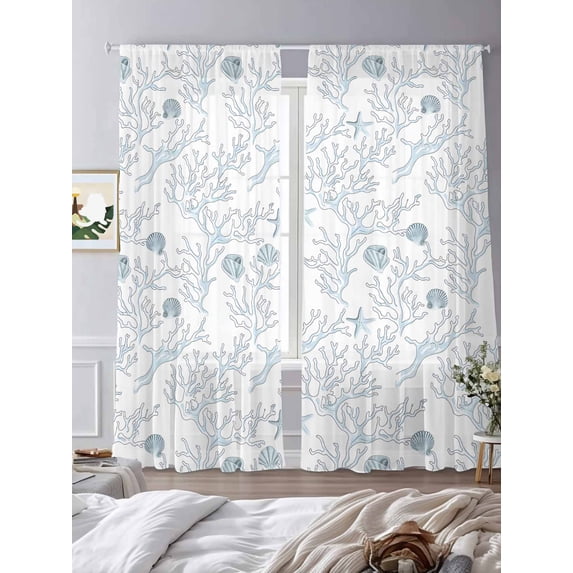 Sheer Curtains 84 Inches Long 2 Panels, Abstract Blue Bare Tree Shell on White Rod Pocket Curtain Voile Draperies, Summer Ocean World Light Filtering Window Treatment for Living Room Kitchen Bedroom