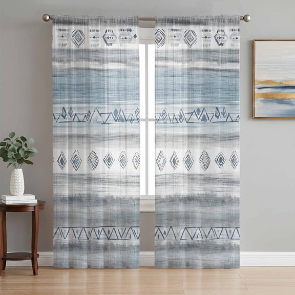 Sheer Curtains 84 Inches Long 2 Panels, Abstract Blue Gray Retro Texture Rod Pocket Curtain Voile Draperies, Morocco Geometric Style Light Filtering Window Treatment for Living Room Kitchen Bedroom