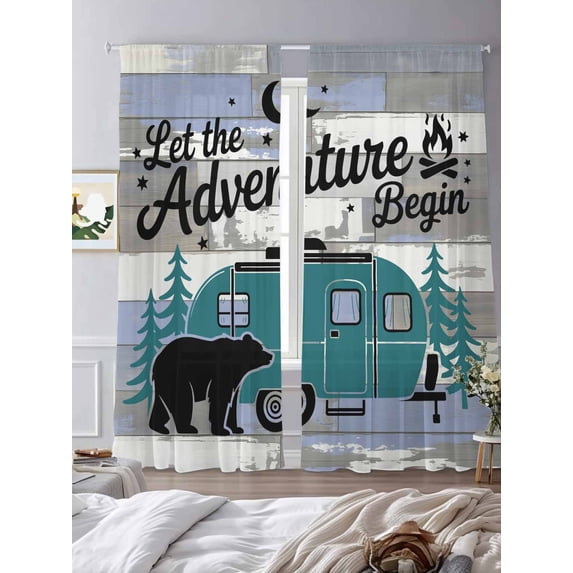 Sheer Curtains 84 Inches Long 2 Panels, Bear Green Tree CV on Wood Grain Rod Pocket Curtain Voile Draperies, Abstract Adventure Light Filtering Window Treatment for Living Room Kitchen Bedroom