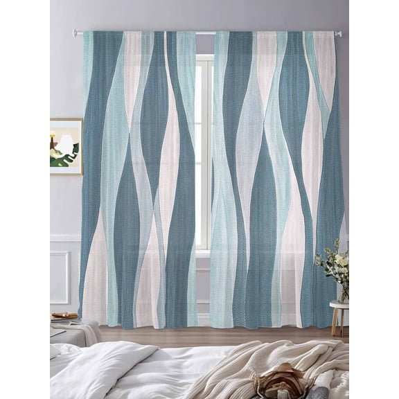 Sheer Curtains 84 Inches Long 2 Panels, Classic Gradient Ripple Rod Pocket Curtain Voile Draperies, Abstract Retro Geometric Stripe Light Filtering Window Treatment for Living Room Kitchen Bedroom