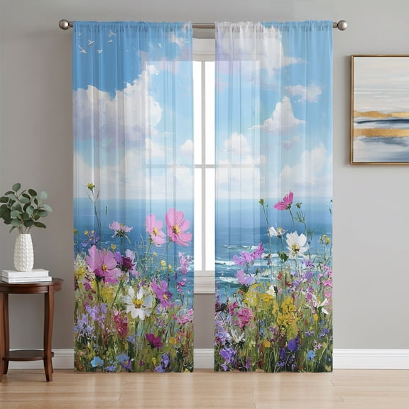Sheer Curtains 84 Inches Long 2 Panels, Coastal Watercolor Wildflowers Rod Pocket Curtain Voile Draperies, Blue Sky White Clouds Light Filtering Window Treatment for Living Room Kitchen Bedroom