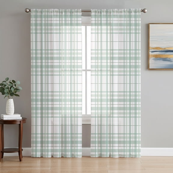 Sheer Curtains 84 Inches Long 2 Panels, Country Sage Green Geometric Line Rod Pocket Curtain Voile Draperies, Modern Buffalo Plaid Light Filtering Window Treatment for Living Room Kitchen Bedroom