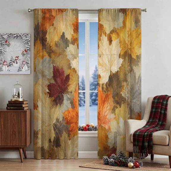Sheer Curtains 84 Inches Long 2 Panels, Fall Maple Leaf Seamless Rod Pocket Curtain Voile Draperies, Retro Farmhouse Colorful Leaves Light Filtering Window Treatment for Living Room Kitchen Bedroom