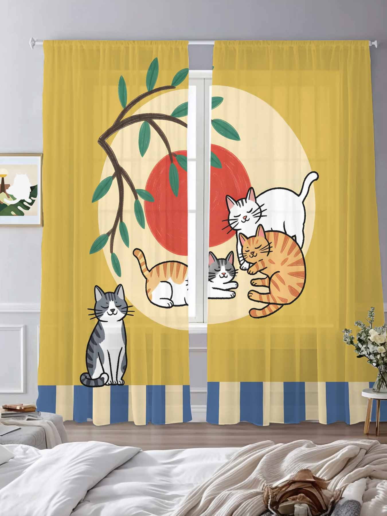 Sheer Curtains 84 Inches Long 2 Panels, Japanese Style Cat Rod Pocket ...