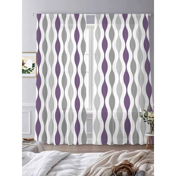 Sheer Curtains 84 Inches Long 2 Panels, Mid Century Purple Stripe Ripple Rod Pocket Curtain Voile Draperies, Grey Gradient Abstract Geometric Light Filtering Window Treatment for Living Room Kitchen