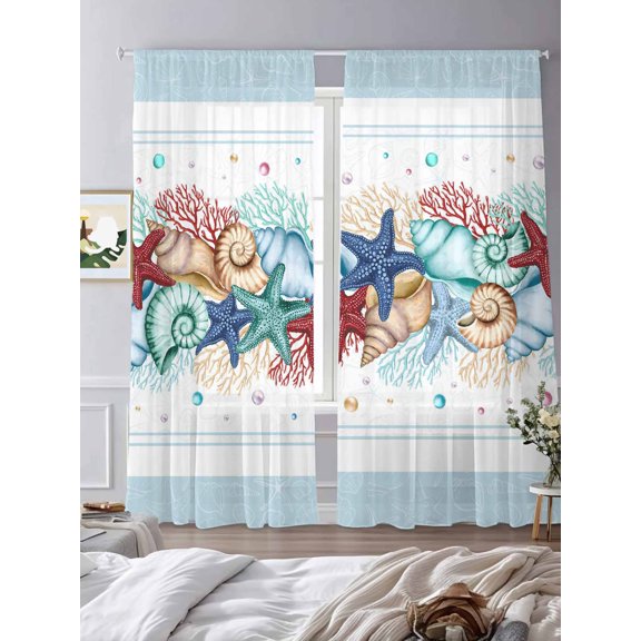 Sheer Curtains 84 Inches Long 2 Panels, Ocean Life Watercolor Starfish Shell Rod Pocket Curtain Voile Draperies, Underwater Marine Coral Pearl Light Filtering Window Treatment for Living Room