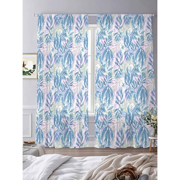 Sheer Curtains 84 Inches Long 2 Panels, Ocean Watercolor Seaweed Rod Pocket Curtain Voile Draperies, Blue Pink Sea Marine Life Light Filtering Window Treatment for Living Room Kitchen Bedroom