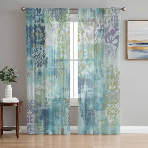 Sheer Curtains 84 Inches Long 2 Panels Set for Living Room, Blue Sage Green Boho Semi Sheer Curtains for Windows, Vintage Ethnic Tribe Abstract Art Voile Window Treatments Rod Pocket Curtain