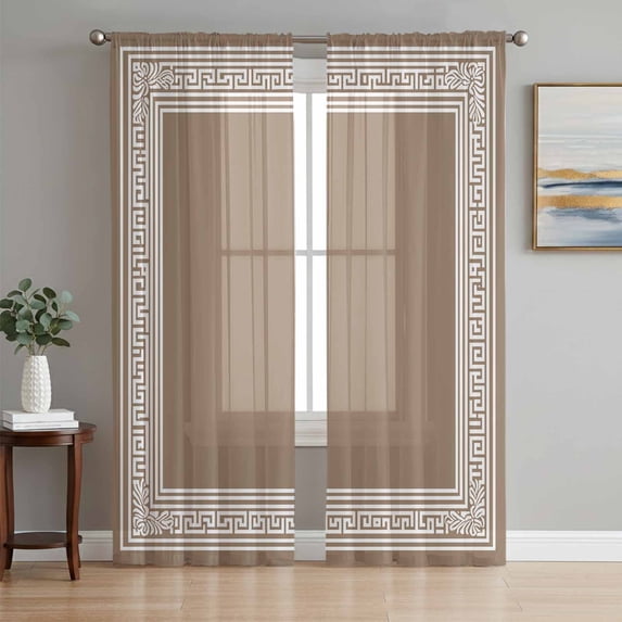 Sheer Curtains 84 Inches Long 2 Panels Set for Living Room, Brown Geometric Semi Sheer Curtains for Windows, Vintage Greece Key Voile Window Treatments Rod Pocket Curtain