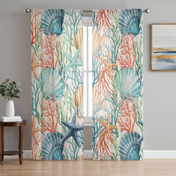 Sheer Curtains 84 Inches Long 2 Panels Set for Living Room, Coastal Beach Semi Sheer Curtains for Windows, Nautical Summer Coral Starfish Shell Voile Window Treatments Rod Pocket Curtain