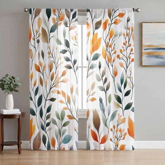 Sheer Curtains 84 Inches Long 2 Panels Set for Living Room, Green Orange Leaves Semi Sheer Curtains for Windows, Spring Garden Botanical Voile Window Treatments Rod Pocket Curtain