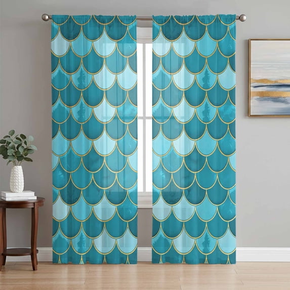 Sheer Curtains 84 Inches Long 2 Panels Set for Living Room, Green Semi Sheer Curtains for Windows, Modern Geometric Fish Scale Abstract Moroccan Voile Window Treatments Rod Pocket Curtain