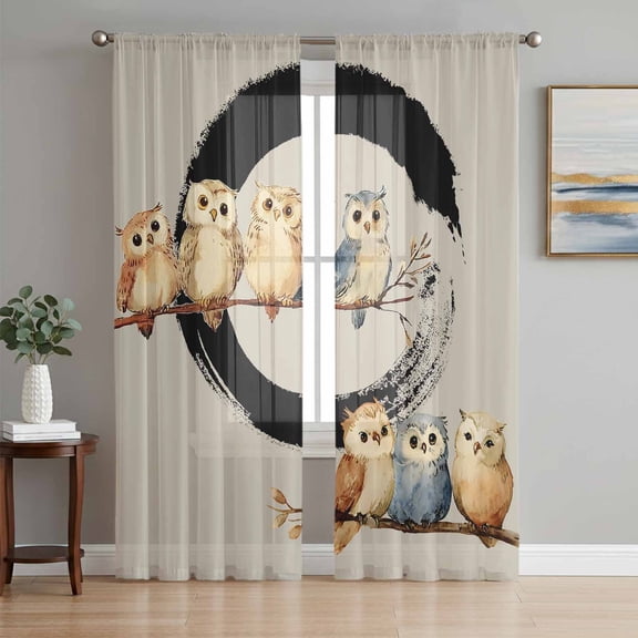 Sheer Curtains 84 Inches Long 2 Panels Set for Living Room, Japanese Style Semi Sheer Curtains for Windows, Grey Farmhouse Owl Birds Branches Voile Window Treatments Rod Pocket Curtain