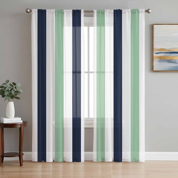 Sheer Curtains 84 Inches Long 2 Panels Set for Living Room, Light Green Navy Blue Striped Semi Sheer Curtains for Windows, Farmhouse Stripe Art Voile Window Treatments Rod Pocket Curtain