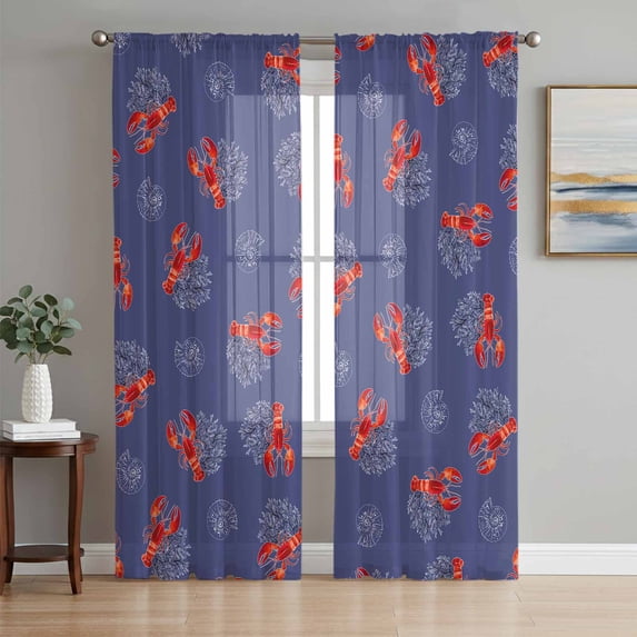 Sheer Curtains 84 Inches Long 2 Panels Set for Living Room, Navy Blue Coastal Semi Sheer Curtains for Windows, Red Lobster Nautical Ocean Voile Window Treatments Rod Pocket Curtain