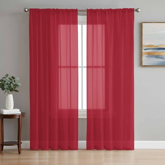 Sheer Curtains 84 Inches Long 2 Panels Set for Living Room, Pure Red Semi Sheer Curtains for Windows, Simple Solid Color Voile Window Treatments Rod Pocket Curtain