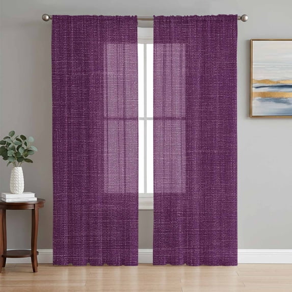 Sheer Curtains 84 Inches Long 2 Panels Set for Living Room, Purple Burlap Texture Semi Sheer Curtains for Windows, Farmhouse Vintage Purple Voile Window Treatments Rod Pocket Curtain