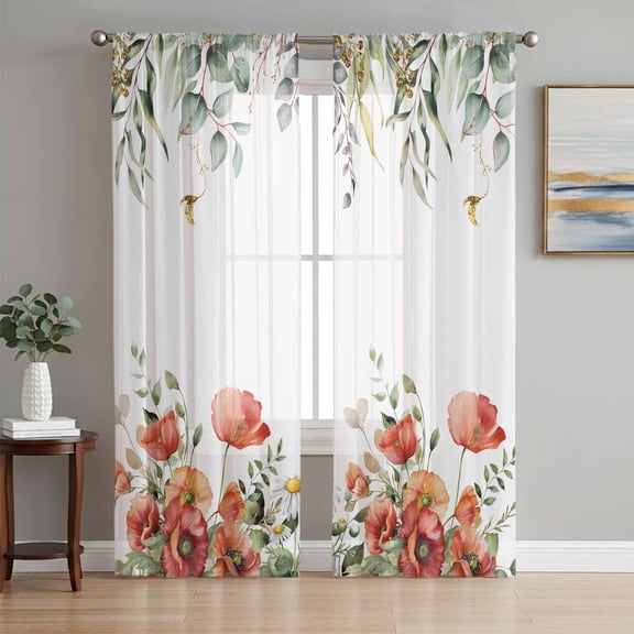 Sheer Curtains 84 Inches Long 2 Panels Set for Living Room, Red Poppy Semi Sheer Curtains for Windows, Spring Farmhouse Country Flower Leaf Plant Voile Window Treatments Rod Pocket Curtain