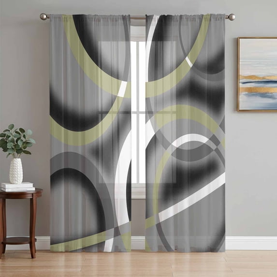Sheer Curtains 84 Inches Long 2 Panels Set for Living Room, Sage Green Geometric Semi Sheer Curtains for Windows, Grey Retro Abstract Striped Art Voile Window Treatments Rod Pocket Curtain