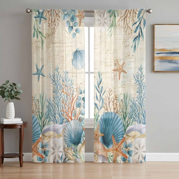 Sheer Curtains 84 Inches Long 2 Panels Set for Living Room, Teal Blue Coastal Semi Sheer Curtains for Windows, Summer Beach Starfish Shell Coral Nautical Retro Voile Window Treatments Curtain