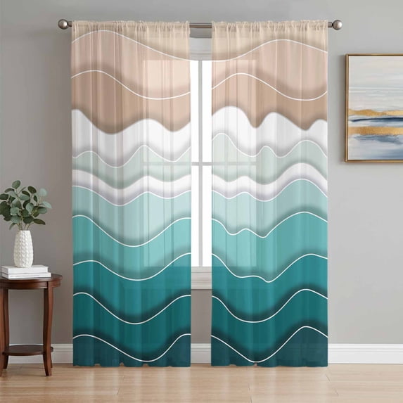 Sheer Curtains 84 Inches Long 2 Panels Set for Living Room, Turquoise Ombre Stripe Semi Sheer Curtains for Windows, Abstract Summer Beach Coastal Voile Window Treatments Rod Pocket Curtain