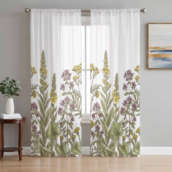 Sheer Curtains 84 Inches Long 2 Panels Set for Living Room, Watercolor Flowers Semi Sheer Curtains for Windows, Vintage Country Floral Leaves Spring Voile Window Treatments Rod Pocket Curtain