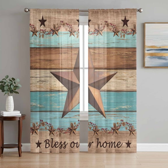 Sheer Curtains 84 Inches Long 2 Panels Set for Living Room, Western Texas Star Vintage Semi Sheer Curtains for Windows, Retro Farmhouse Turquoise Brown Wood Voile Window Treatments Curtain