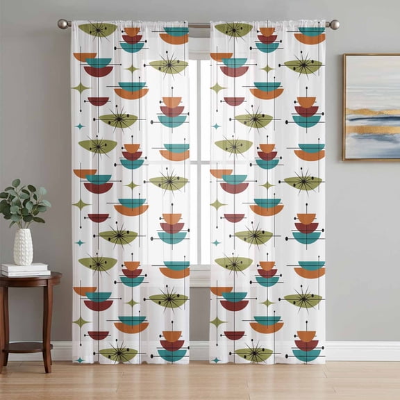 Sheer Curtains 84 Inches Long 2 Panels Set for Living Room, Wine Red Boho Semi Sheer Curtains for Windows, Geometric Abstract Bohemian Color Block Voile Window Treatments Rod Pocket Curtain