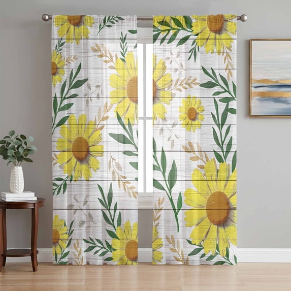 Sheer Curtains 84 Inches Long 2 Panels Set for Living Room, Yellow Daisy Semi Sheer Curtains for Windows, Farmhouse Country Flower Leaf Plant Wood Grain Voile Window Treatments Rod Pocket Curtain