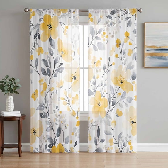 Sheer Curtains 84 Inches Long 2 Panels Set for Living Room, Yellow Floral Spring Semi Sheer Curtains for Windows, Pastoral Gray Botanical Summer Voile Window Treatments Rod Pocket Curtain