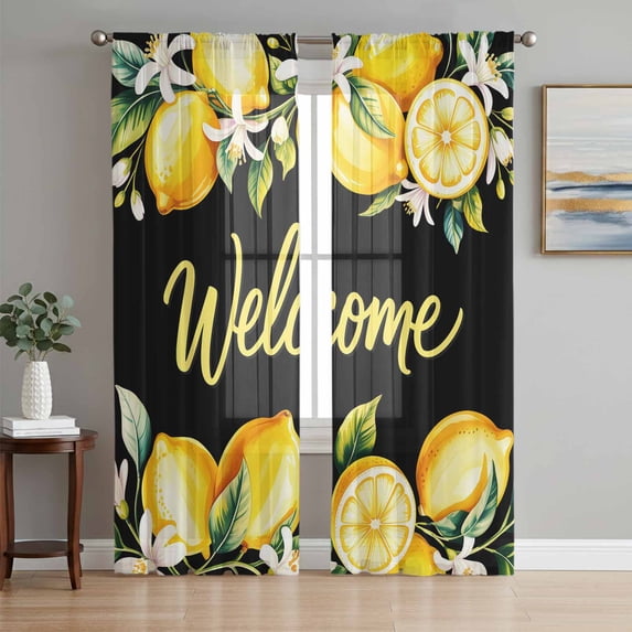 Sheer Curtains 84 Inches Long 2 Panels Set for Living Room, Yellow Lemons Semi Sheer Curtains for Windows, Summer Fruits Leaves Botanical Black Voile Window Treatments Rod Pocket Curtain