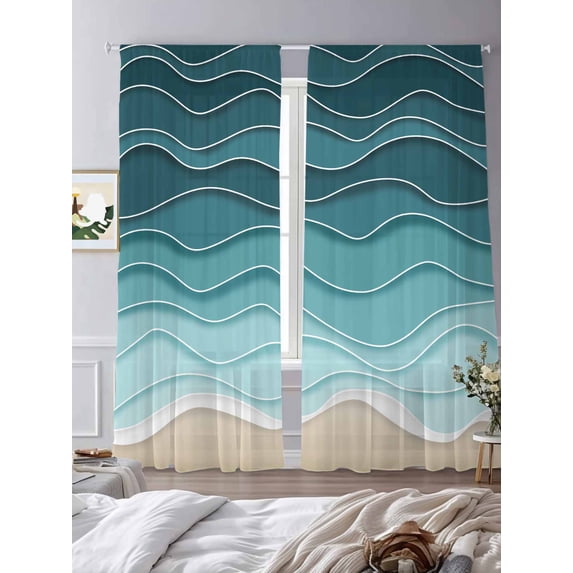 Sheer Curtains 84 Inches Long 2 Panels, Teal Gradient Water Ripple Rod Pocket Curtain Voile Draperies, Summer Beach Ocean Style Light Filtering Window Treatment for Living Room Kitchen Bedroom