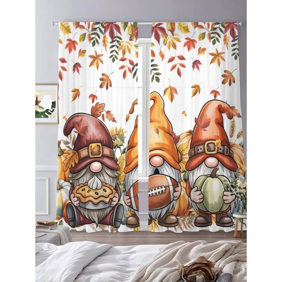 Sheer Curtains 84 Inches Long 2 Panels, Watercolor Autumn Maple Leaf Rod Pocket Curtain Voile Draperies, Rustic Gnome with Pumpkin Rugby Light Filtering Window Treatment for Living Room