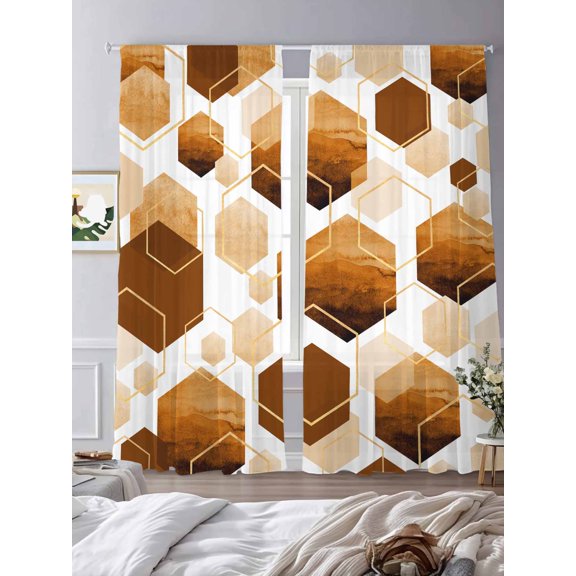 Sheer Curtains 84 Inches Long 2 Panels, Watercolor Orange Hexagon Rod Pocket Curtain Voile Draperies, Abstract Geometric Art Light Filtering Window Treatment for Living Room Kitchen Bedroom