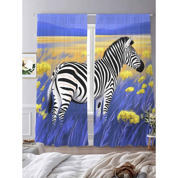 Sheer Curtains 84 Inches Long 2 Panels, Zebra Watercolor Flowers Rod Pocket Curtain Voile Draperies, Oil Painting Animal Art Light Filtering Window Treatment for Living Room Kitchen Bedroom