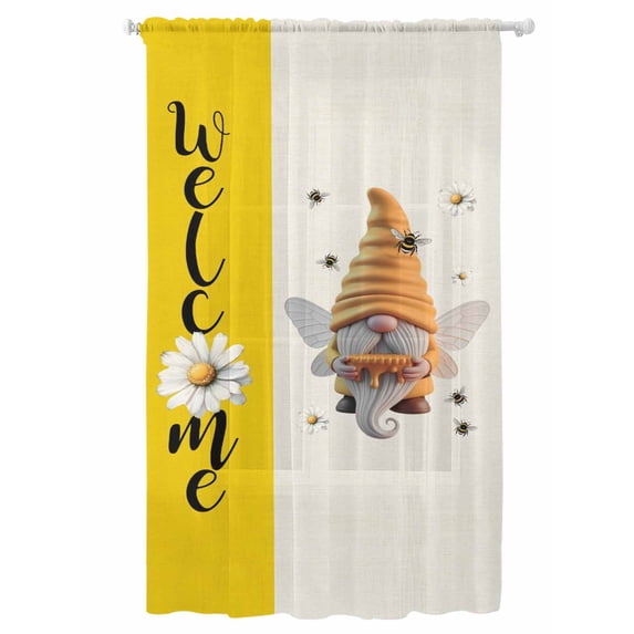 Sheer Curtains 84 Inches Long, Bees Gnomes Semi Sheer Curtains Light Filtering Window Treatment, Summer Watercolor Farmhouse Daisy Flower Privacy Voile Drapes for Living Room Bedroom 52x84 Inch