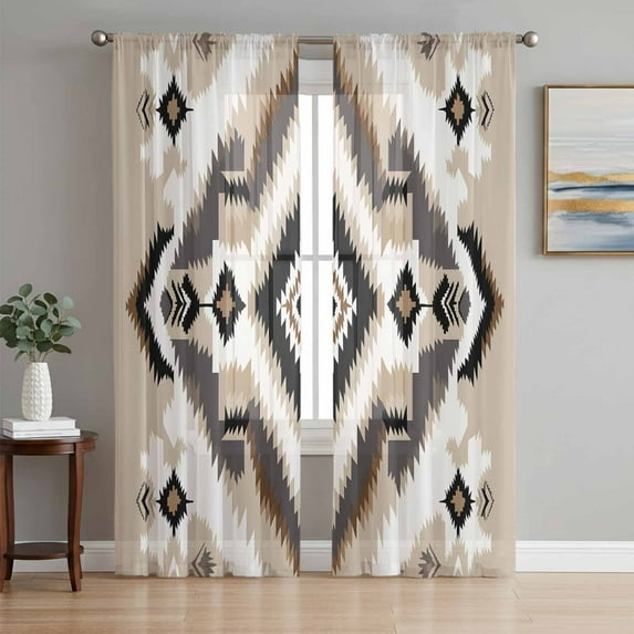 Sheer Curtains 84 Inches Long, Black Brown Light Filtering Window Curtains for Living Room, Boho Vintage Southwestern Ethnic Geometric Rod Pocket Voile Sheer Curtain Drapes, 52"W x 84"L, 2 Panels