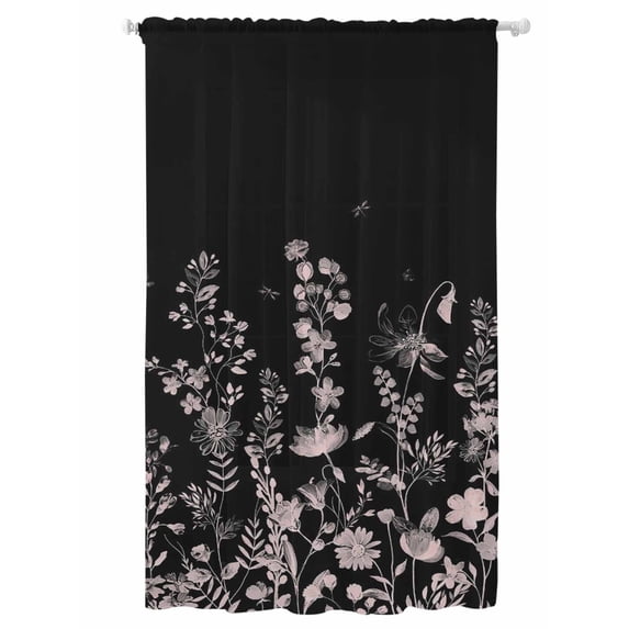 Sheer Curtains 84 Inches Long, Black Floral Semi Sheer Curtains Light Filtering Window Treatment, Elegant Pastoral Flowers Farmhouse Privacy Voile Drapes for Living Room Bedroom 52x84 Inch