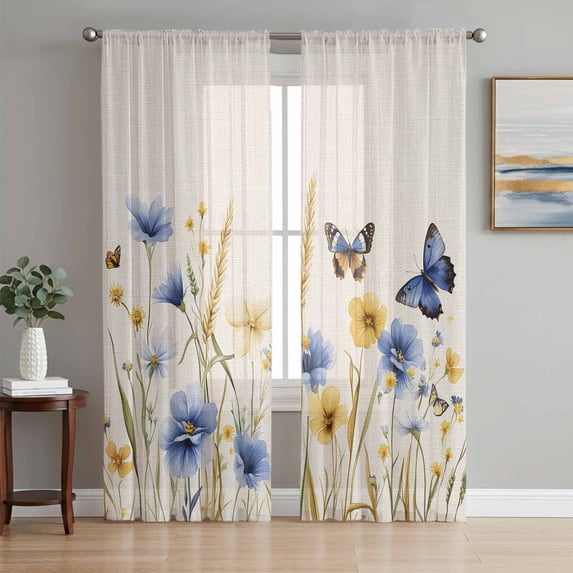 Sheer Curtains 84 Inches Long, Blue Floral Light Filtering Window Curtains for Living Room, Yellow Flower Butterflies Country Plant Rod Pocket Voile Sheer Curtain Drapes, 52"W x 84"L, 2 Panels