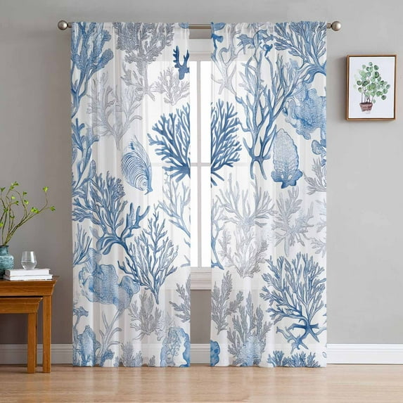 Sheer Curtains 84 Inches Long, Blue Grey Abstract Flower Plant Fish Light Filtering Window Curtains for Living Room, Ocean Coastal Coral Rod Pocket Voile Sheer Curtain Drapes, 52"W x 84"L, 2 Panels
