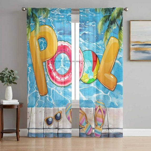 Sheer Curtains 84 Inches Long, Blue Summer Pool Light Filtering Window Curtains for Living Room/Bedroom, Watermelon Swimming Ring Slippers Rod Pocket Voile Sheer Curtain Drapes, 52"W x 84"L, 2 Panels