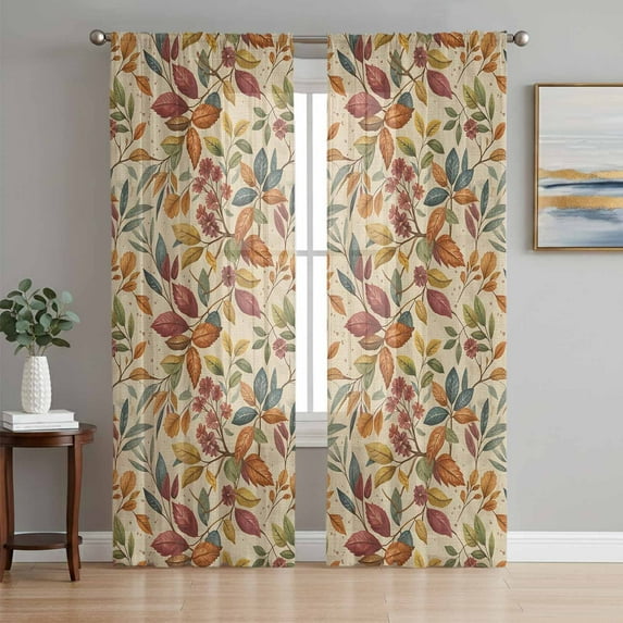 Sheer Curtains 84 Inches Long, Fall Leaves Light Filtering Window Curtains for Living Room/Bedroom, Farmhouse Beige Botanical Leaf Autumn Rod Pocket Voile Sheer Curtain Drapes, 52"W x 84"L, 2 Panels