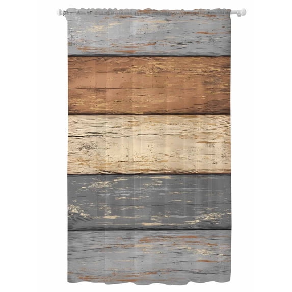 Sheer Curtains 84 Inches Long, Farmhouse Haze Blue Brown Semi Sheer Curtains Light Filtering Window Treatment, Vintage Wooden Striped Privacy Voile Drapes for Living Room Bedroom 52x84 Inch