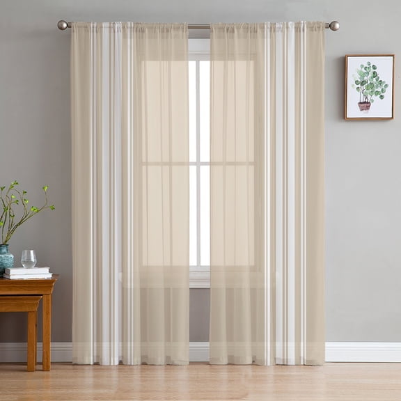 Sheer Curtains 84 Inches Long, Farmhouse Luxurious White Stripes Modern Abstract Art Light Filtering Window Curtains for Living Room, Beige Striped Rod Pocket Voile Sheer Drapes, 52"Wx84"L, 2 Panels
